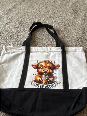 Coffee Addict Cow Canvas Tote Bag - White and Black